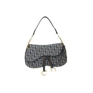 Christian Dior Trotter Double Saddle Bag Canvas Leather Navy Blue Gold